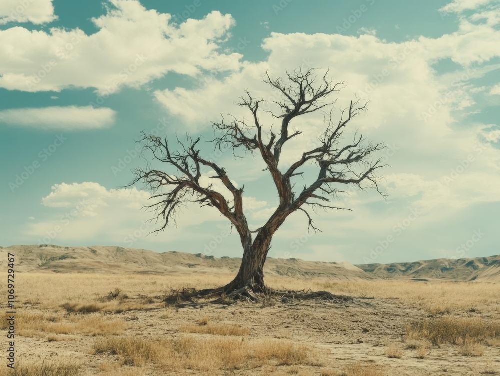 Dead Tree in Arid Landscape Under Cloudy Sky Dead Tree in Arid Landscape Under Cloudy Sky