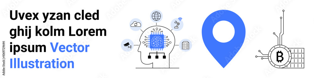 Human head with AI chip, globe, cloud blue geolocation pin microchip with Bitcoin symbol. Ideal for technology, AI, blockchain, geolocation, digital transformation, IT services, startups. Landing Human head with AI chip, globe, cloud blue geolocation pin microchip with Bitcoin symbol. Ideal for technology, AI, blockchain, geolocation, digital transformation, IT services, startups. Landing