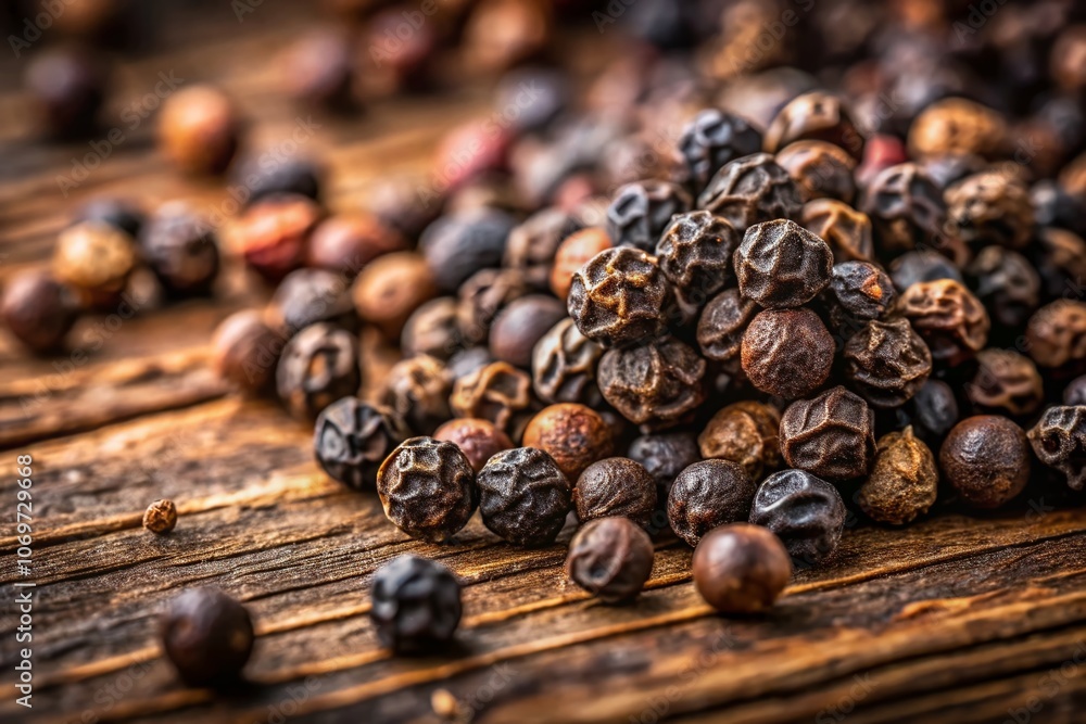 Close-Up of Black Peppercorns on Wooden Surface with Natural Light, Showcasing Their Texture and Rich Color, Perfect for Culinary and Spice-Related Imagery Close-Up of Black Peppercorns on Wooden Surface with Natural Light, Showcasing Their Texture and Rich Color, Perfect for Culinary and Spice-Related Imagery