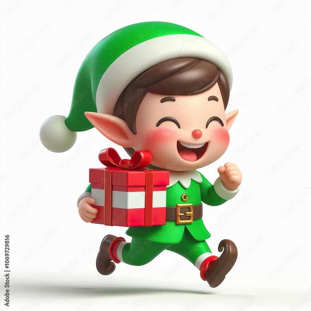 Smiling Christmas Elf Running with Gift on white background Smiling Christmas Elf Running with Gift on white background