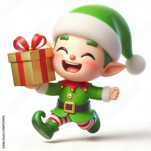 Smiling Christmas Elf Running with Gift on white background