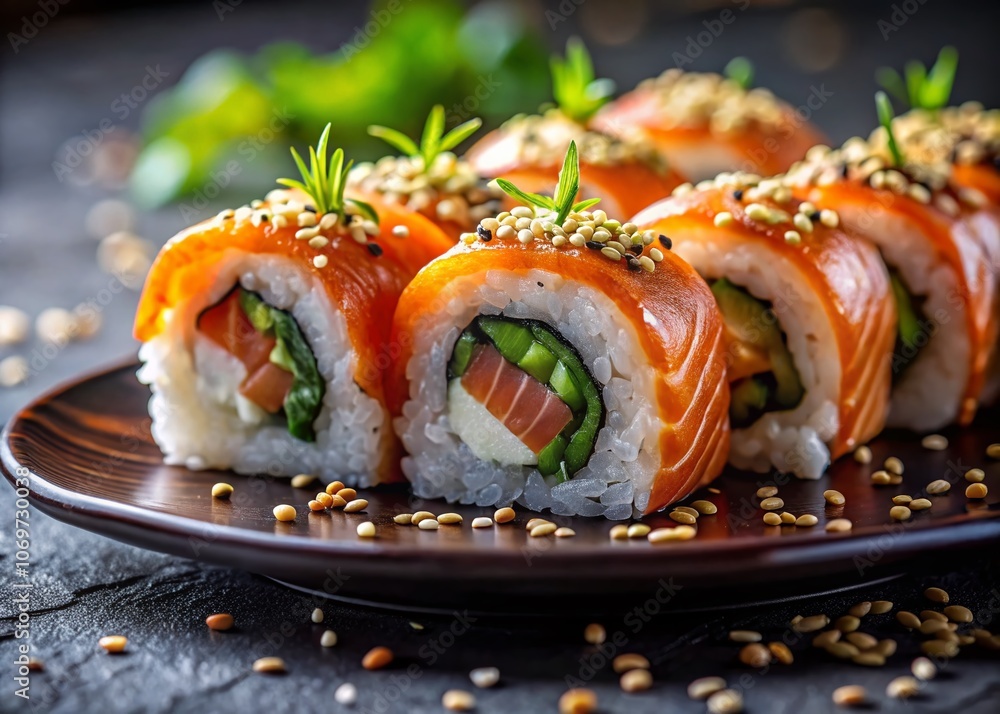 Close-up of Exquisite Salmon Sushi Rolls Dusted with Sesame Seeds, Perfectly Arranged on a Dark Plate with Subtle Lighting for a Captivating Night Photography Effect Close-up of Exquisite Salmon Sushi Rolls Dusted with Sesame Seeds, Perfectly Arranged on a Dark Plate with Subtle Lighting for a Captivating Night Photography Effect