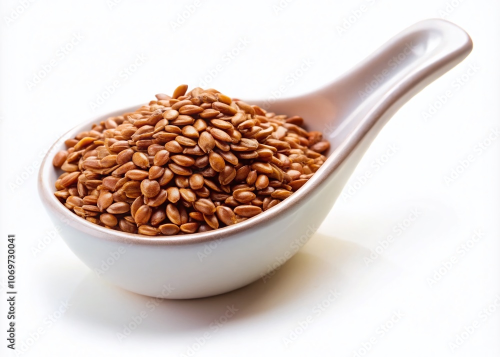 Close-up of Flaxseeds in a Ceramic Spoon on White Background, Highlighting Natural Texture and Nutritional Benefits for Health and Wellness Concepts in Food Photography Close-up of Flaxseeds in a Ceramic Spoon on White Background, Highlighting Natural Texture and Nutritional Benefits for Health and Wellness Concepts in Food Photography
