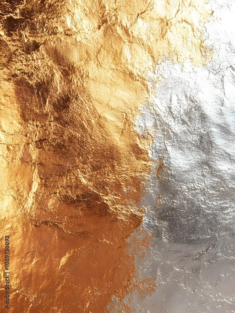 A close-up shot of crumpled gold and silver foil, showcasing a mix of shiny metallic textures and rich colors, creating a striking visual contrast and elegance. A close-up shot of crumpled gold and silver foil, showcasing a mix of shiny metallic textures and rich colors, creating a striking visual contrast and elegance.