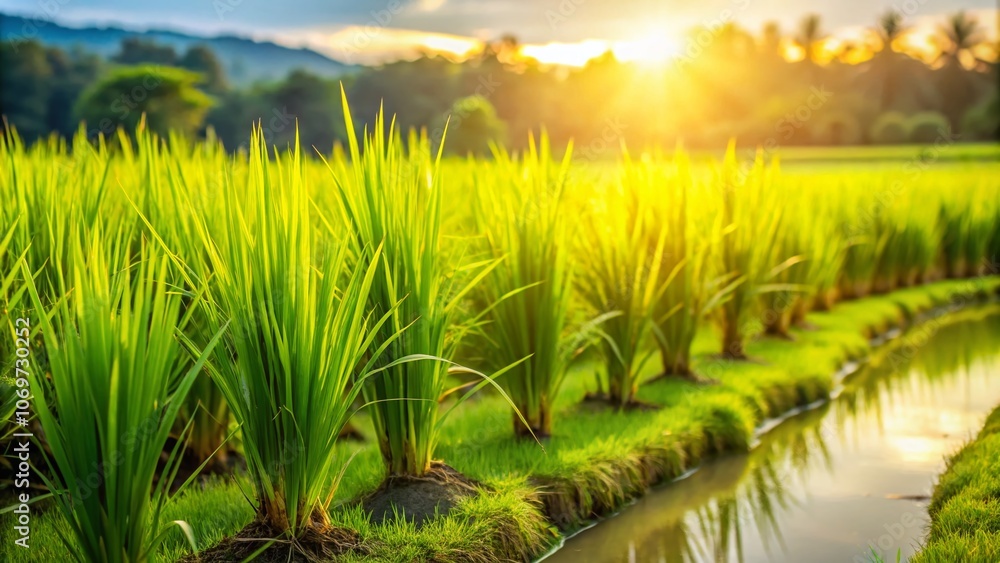 Close-Up of Lush Green Seedlings in Rice Fields Just Before Golden Paddy Harvest: Nature's Beauty in Agriculture with Copy Space for Text Close-Up of Lush Green Seedlings in Rice Fields Just Before Golden Paddy Harvest: Nature's Beauty in Agriculture with Copy Space for Text