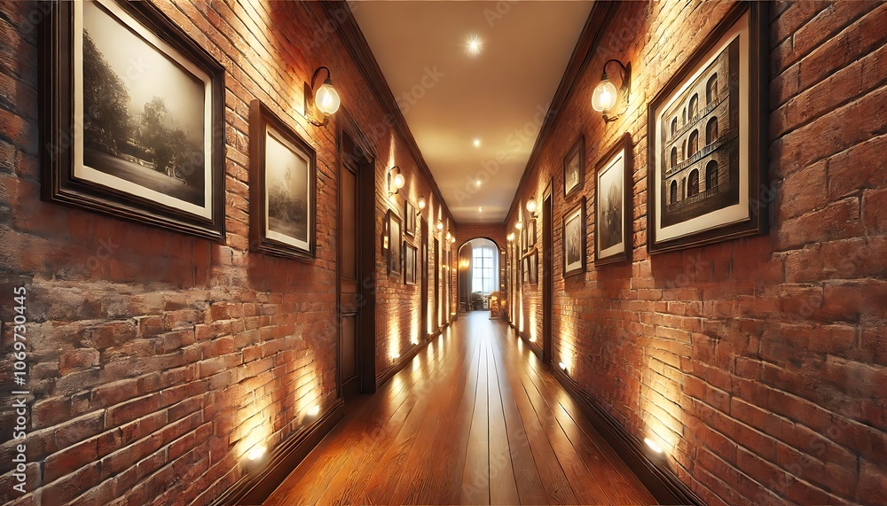 Fototapeta premium A brick-lined hallway with warm hardwood floors, giving the space a cozy and inviting feel