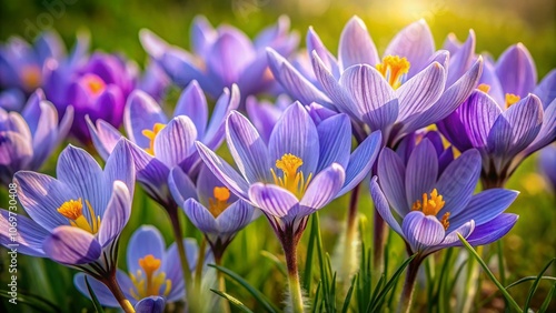 Close-Up of Prairie Crocus Violet Flowers Showcasing Delicate Petals and Lush Greenery in a Natural Habitat Setting for Food and Nature Photography Enthusiasts