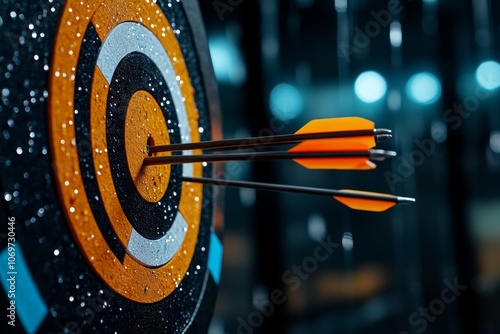 An archery target with multiple arrows clustered around the bullseye, representing practice and precision photo