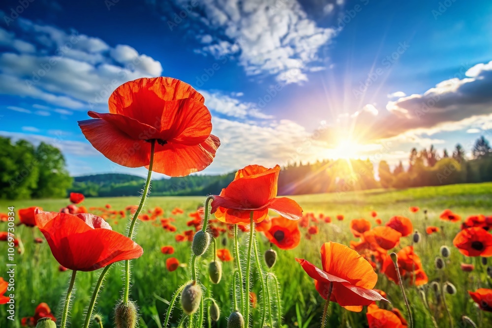 Obraz premium Close Up of Vibrant Red Poppies Flourishing in a Summer Field in Belarus with Clear Blue Sky and Lush Greenery, Perfect for Nature and Floral Photography Enthusiasts