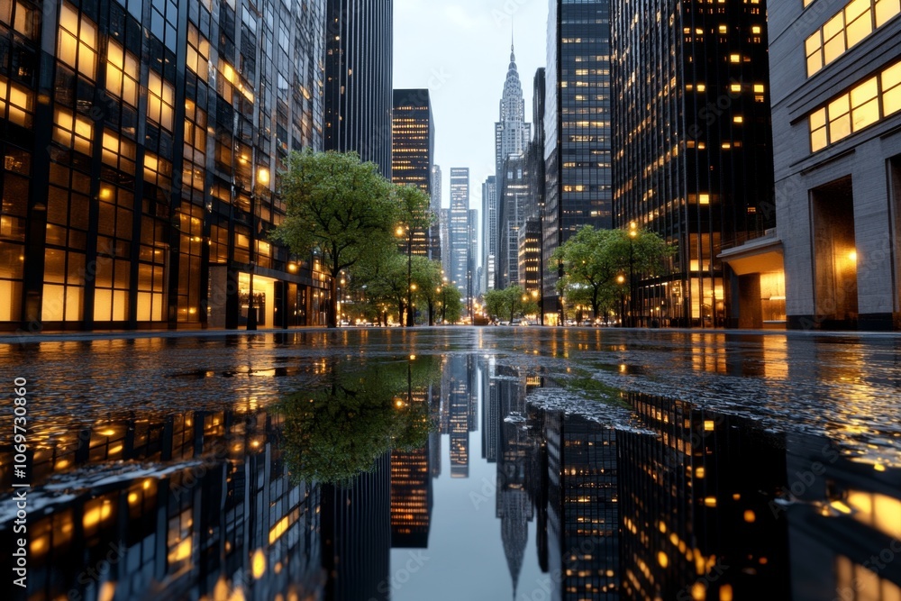 Fototapeta premium An ultra-realistic view of a city at dusk with skyscrapers, reflections in the windows, and detailed textures of streets