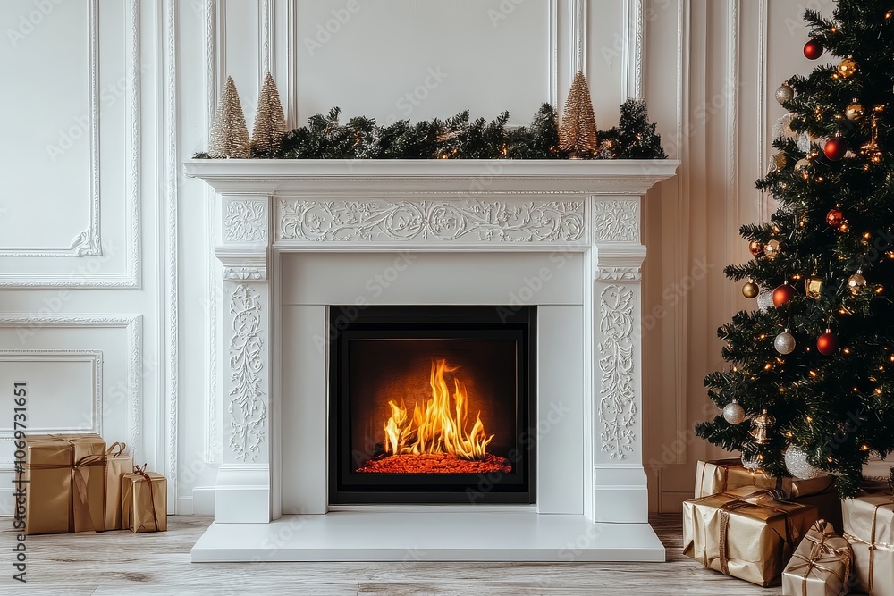 Minimalistic Christmas scene with fireplace and tree on white wall, photorealistic design, gold accents, holiday mood Minimalistic Christmas scene with fireplace and tree on white wall, photorealistic design, gold accents, holiday mood