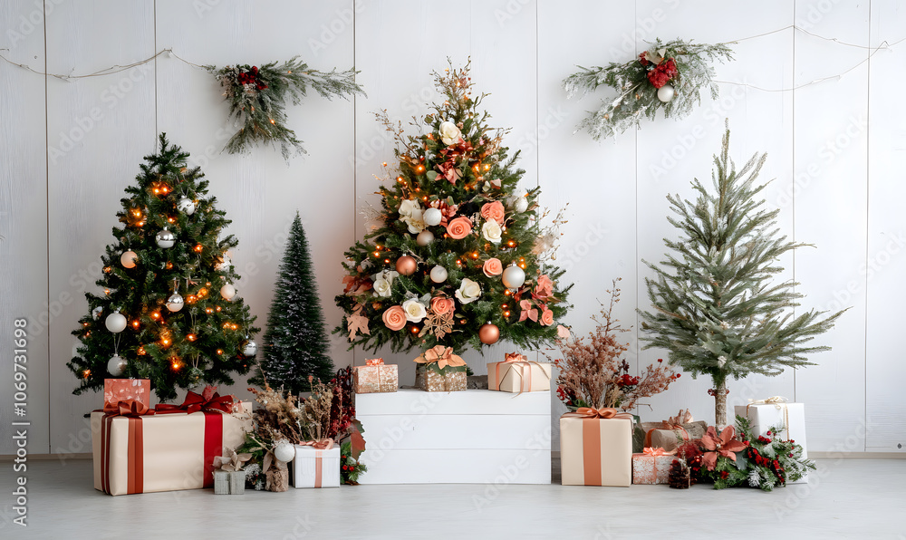Christmas and New Year designs with festive ornaments, golden snowflakes, cozy wreaths, and sparkling holiday accents for wallpaper and greeting cards Christmas and New Year designs with festive ornaments, golden snowflakes, cozy wreaths, and sparkling holiday accents for wallpaper and greeting cards