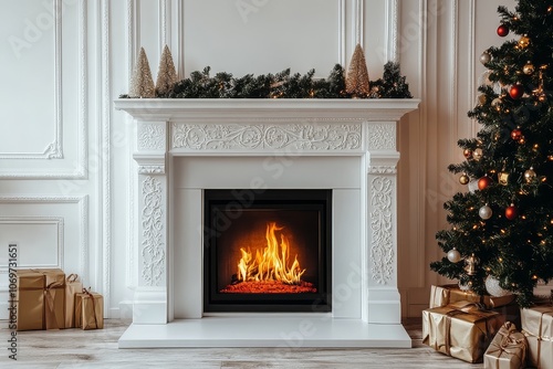 Minimalistic Christmas scene with fireplace and tree on white wall, photorealistic design, gold accents, holiday mood photo