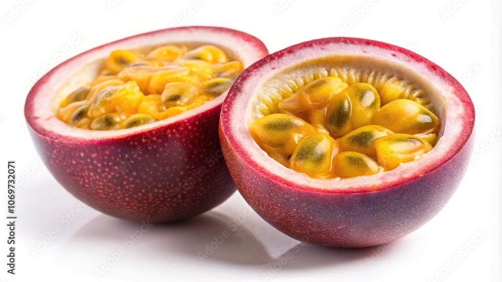 close-up of sliced passionfruit on white background close-up of sliced passionfruit on white background
