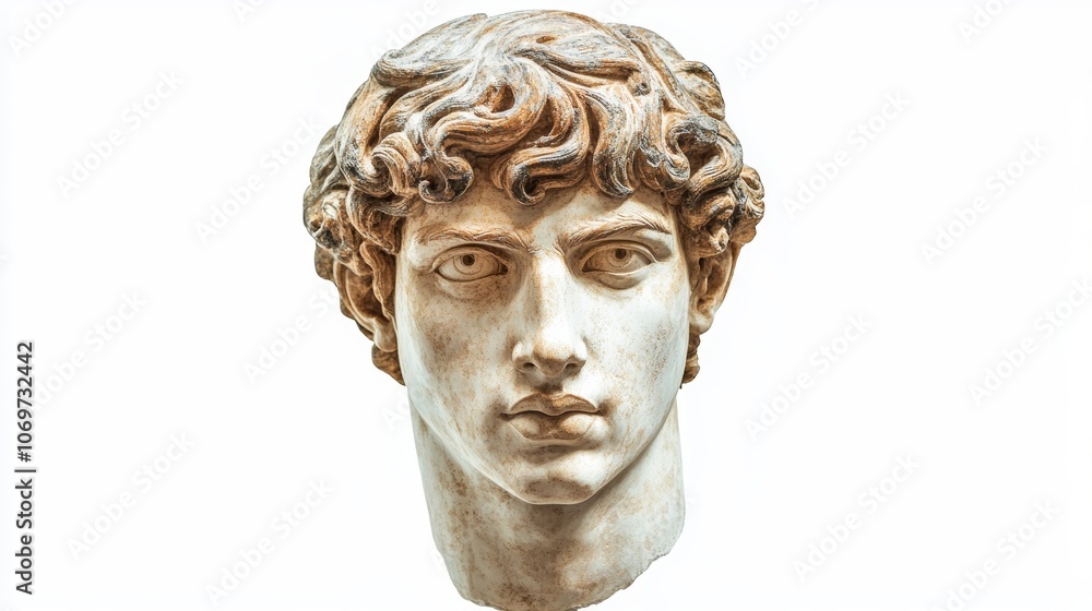 Gypsum copy of famous ancient statue Antinous head isolated on a white background Plaster antique sculpture young man face Renaissance epoch Portrait Gypsum copy of famous ancient statue Antinous head isolated on a white background Plaster antique sculpture young man face Renaissance epoch Portrait
