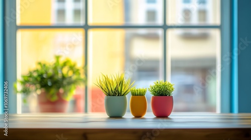 Free space table top background on blurred kitchen window interior photo