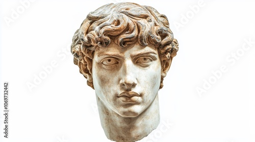 Gypsum copy of famous ancient statue Antinous head isolated on a white background Plaster antique sculpture young man face Renaissance epoch Portrait