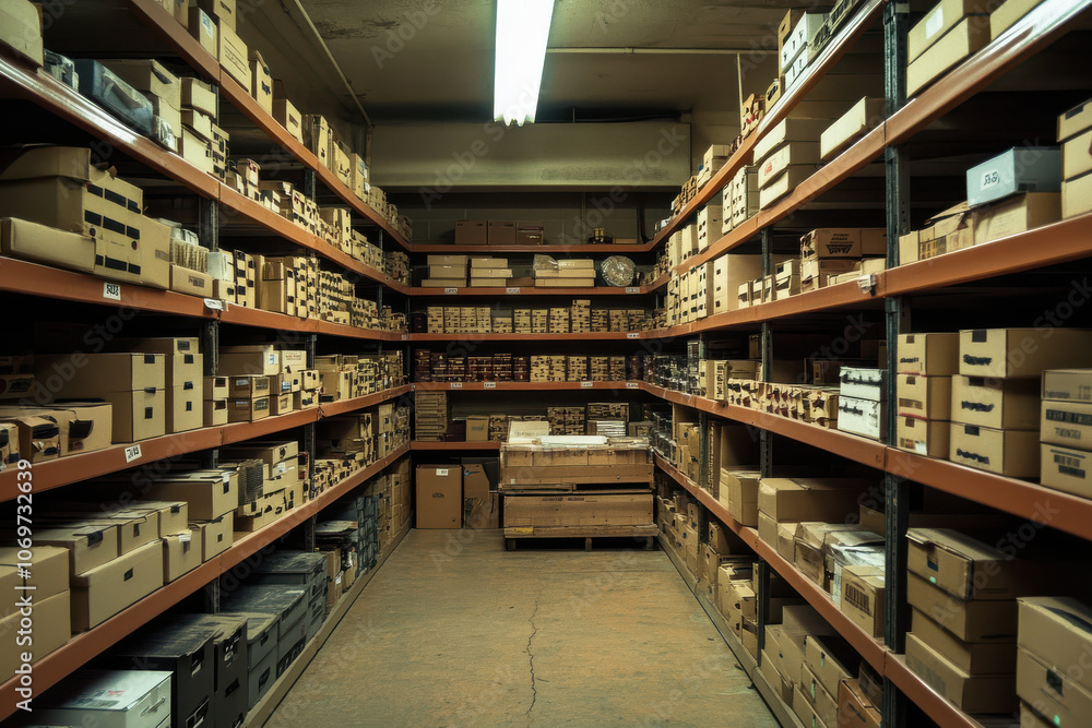 well organized warehouse storage room, filled with cardboard boxes, shelves and rows well organized warehouse storage room, filled with cardboard boxes, shelves and rows