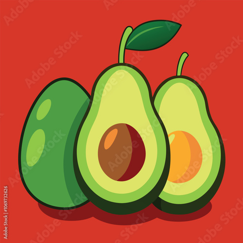 a pair of Avocados and half of pcs fruit vector art illustration