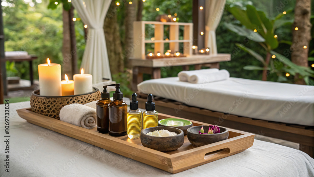 serene spa setting featuring candles, essential oils, and towels, creating relaxing atmosphere for massage therapy serene spa setting featuring candles, essential oils, and towels, creating relaxing atmosphere for massage therapy