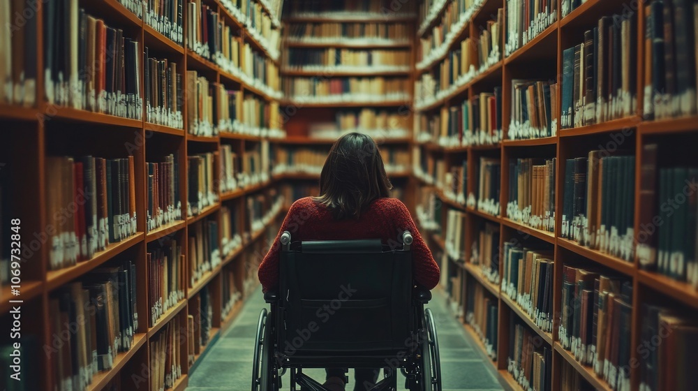 A person in a wheelchair sits in a library surrounded by bookshelves. A person in a wheelchair sits in a library surrounded by bookshelves.