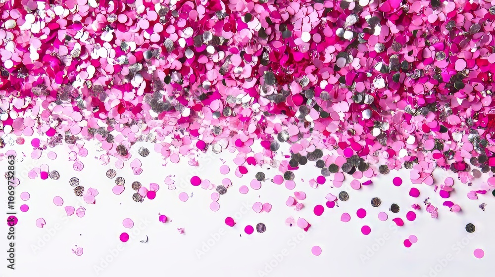 Fototapeta premium Banner made from pink and silver confetti isolated on a white background Festive concept Childrens party birthday wedding celebration Top view Copy space