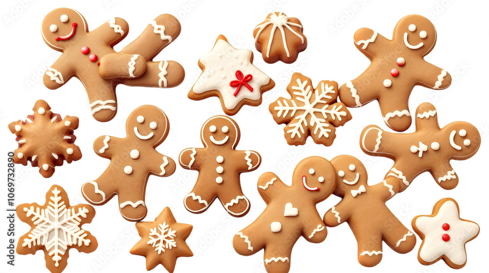 Festive Gingerbread Men and Snowflake Cookies isolated on transparent white background, png Festive Gingerbread Men and Snowflake Cookies isolated on transparent white background, png