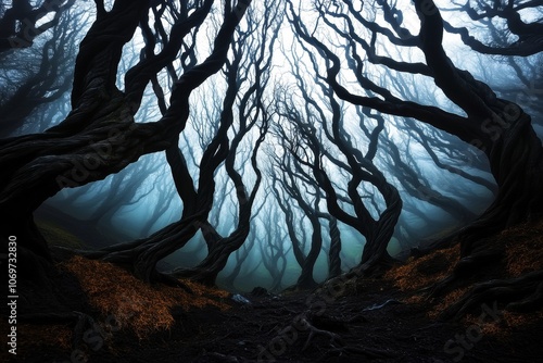 Dark forest background with twisted trees and a misty atmosphere, evoking a gothic, eerie vibe photo