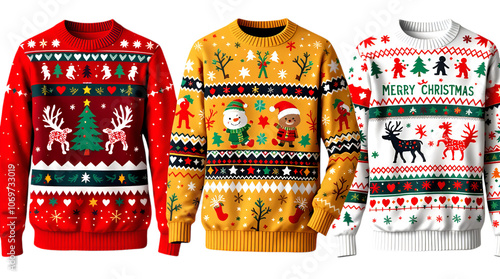 Three colorful Christmas sweaters with festive designs isolated on white background, png photo