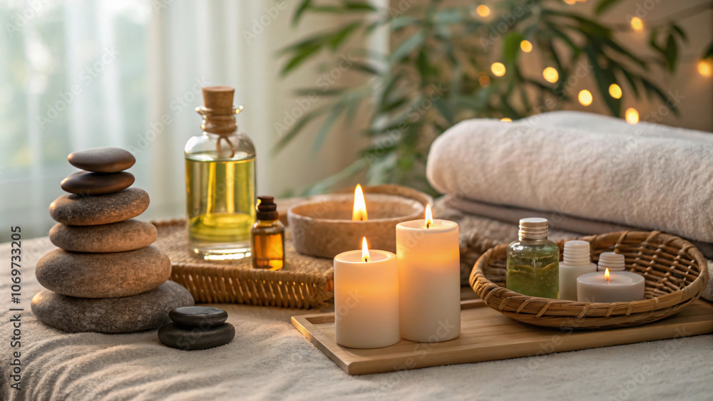 serene spa setting featuring candles, essential oils, and smooth stones, creating calming atmosphere for relaxation and wellness serene spa setting featuring candles, essential oils, and smooth stones, creating calming atmosphere for relaxation and wellness