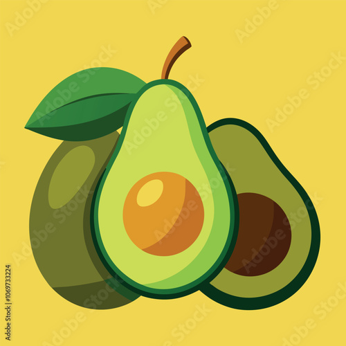 a pair of Avocados and half of pcs fruit vector art illustration