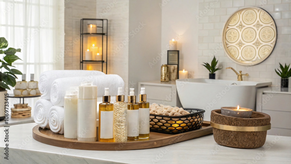 serene spa setting featuring towels, oils, and candles, creating relaxing atmosphere. Perfect for wellness and self care serene spa setting featuring towels, oils, and candles, creating relaxing atmosphere. Perfect for wellness and self care