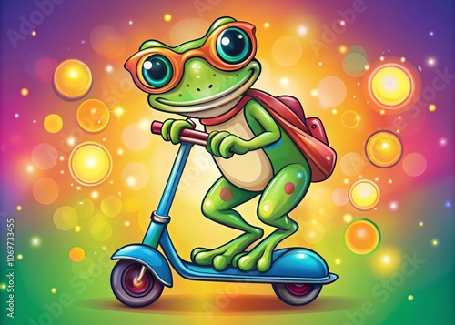 Cool Frog Vector Riding a Scooter T-Shirt Art Design Featuring a Playful Frog with Sunglasses, Colorful Scooter, and a Vibrant Bokeh Background for Trendy Apparel photo