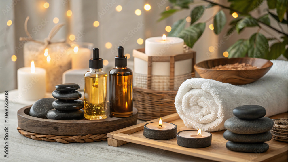 serene spa setting featuring essential oils, candles, and stones, creating calming atmosphere for relaxation and wellness serene spa setting featuring essential oils, candles, and stones, creating calming atmosphere for relaxation and wellness