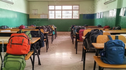 Empty classroom with backpacks and bags on the desks Class interior Education background Distance education