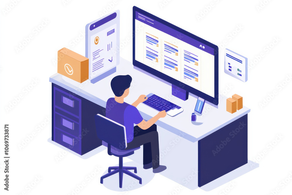 Man working on computer, managing inventory and orders Man working on computer, managing inventory and orders