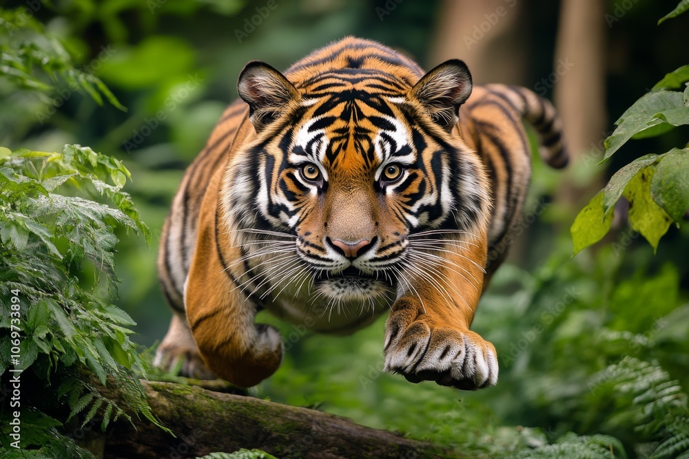 Obraz premium Detailed shot of a tiger prowling through the jungle, with lush greenery in the background and detailed fur patterns