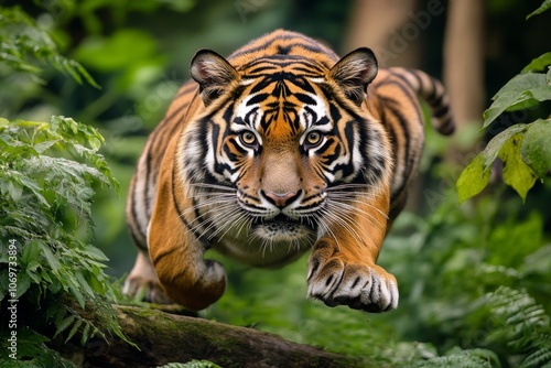 Detailed shot of a tiger prowling through the jungle, with lush greenery in the background and detailed fur patterns