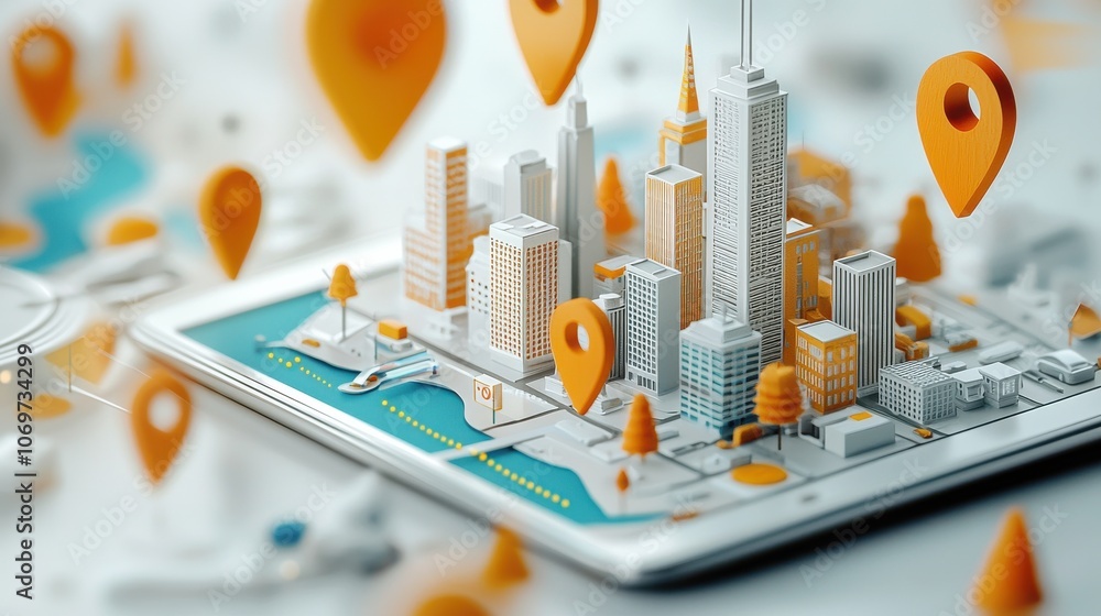 Explore a small cityscape on a tablet surrounded by floating location markers for enhanced navigation experience Explore a small cityscape on a tablet surrounded by floating location markers for enhanced navigation experience