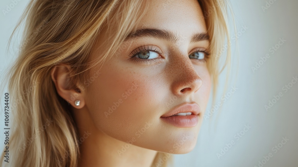 A close-up profile of an elegant blonde Australian woman wearing simple modern earrings, showcasing her natural skin texture, taken from the side under gentle white lighting A close-up profile of an elegant blonde Australian woman wearing simple modern earrings, showcasing her natural skin texture, taken from the side under gentle white lighting