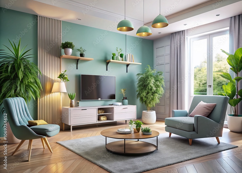Fototapeta premium Cozy Pastel TV Room Featuring a Gray Armchair and Decorative Accessories in a Bright and Inviting 3D Render for Interior Design Inspiration