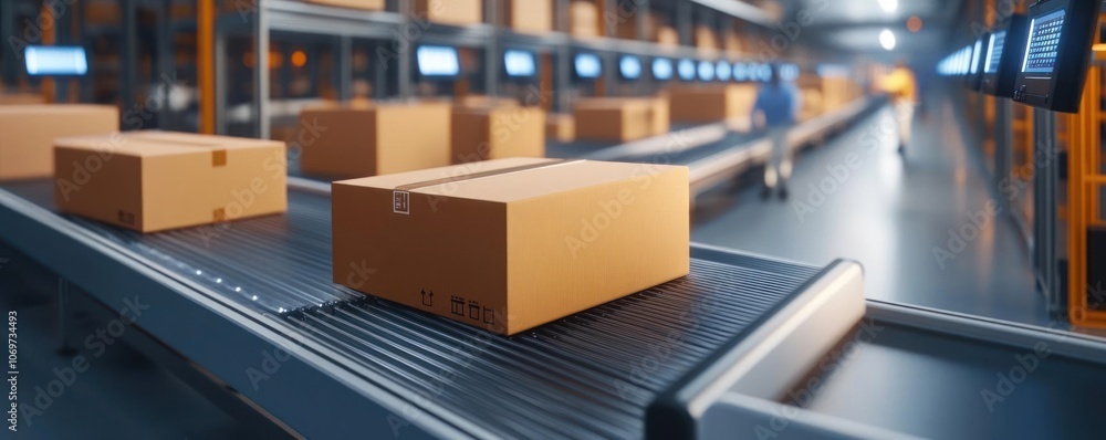 Packages moving on a conveyor belt in a modern warehouse environment. Packages moving on a conveyor belt in a modern warehouse environment.