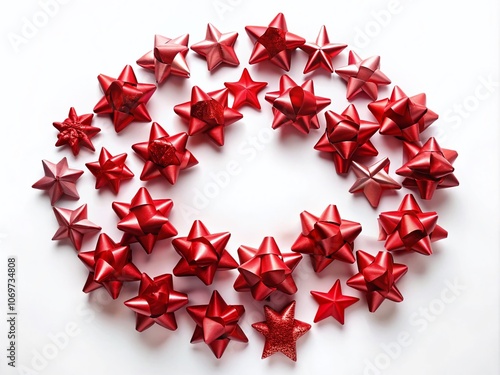 Creative Arrangement of Red Ribbon Bows Forming a Star Shape with Ample Copy Space for Text Overlay, Perfect for Holiday and Celebration Themes