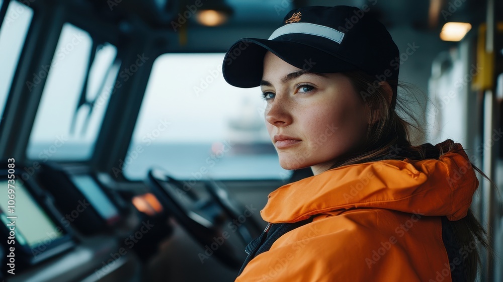 A young woman in a bright orange jacket and cap operates a ship's bridge, gazing thoughtfully into the distance, surrounded by high-tech equipment. A young woman in a bright orange jacket and cap operates a ship's bridge, gazing thoughtfully into the distance, surrounded by high-tech equipment.