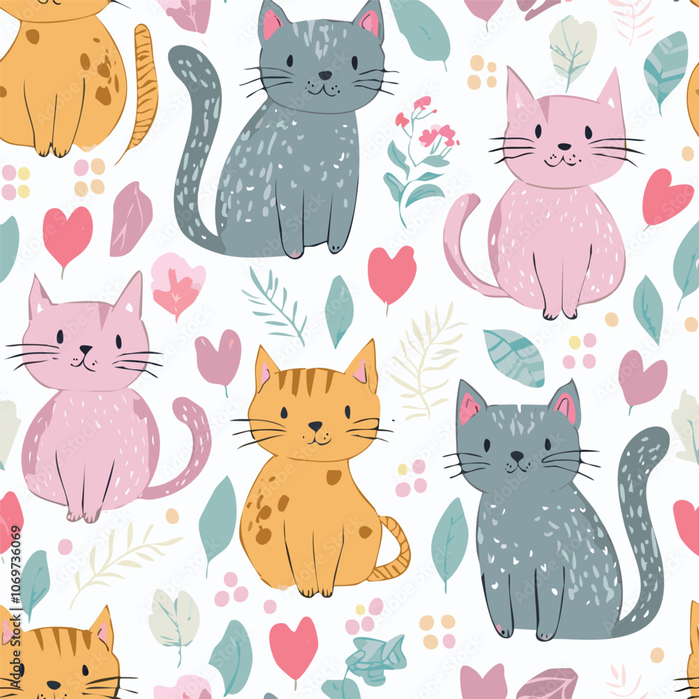 Obraz premium Cute cat hand drawn seamless pattern