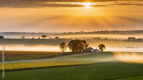 Rural farmland at sunrise, with colors filling the sky and light filtering through mist over the crops. The landscape evokes peace and productivity.