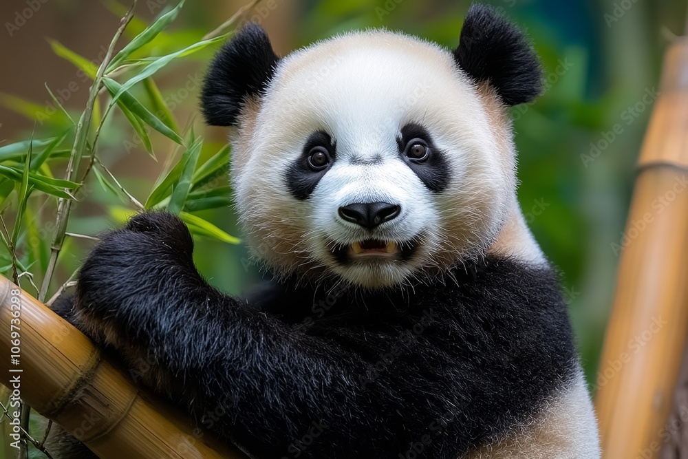 Fototapeta premium Portrait of a panda in a bamboo forest, with its distinctive black and white fur and gentle expression