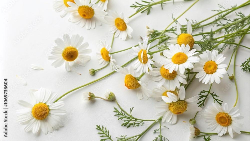 Obraz premium Delicate Chamomiles on a Bright White Background, Capturing the Essence of Spring and Nature's Beauty, Ideal for Wellness and Relaxation Themes in Stock Photography