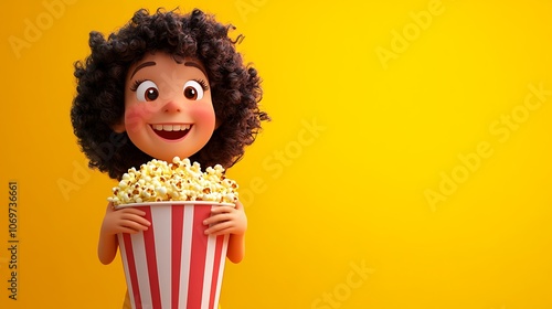 Cute Cartoon Girl Holding a Bucket of Popcorn