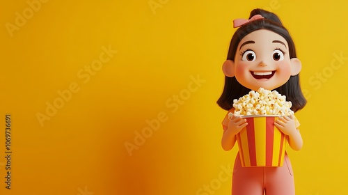 Cute Cartoon Girl Holding a Bucket of Popcorn